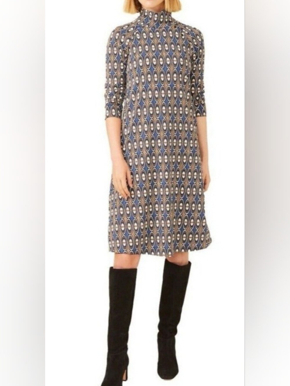 J. McLaughlin Blue and Tan Retro Oval-Print Midi Dress